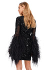 Back - Black ASHLEYlauren 4603 fully beaded cocktail dress featuring a V-neckline, feather-adorned flare sleeves, full back, and fitted skirt for a bold and glamorous statement look.