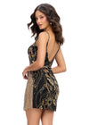 Back - Black/Gold ASHLEYlauren 4778 Cocktail Dress with Beaded Fringe, Illusion Slit, and Spaghetti Straps