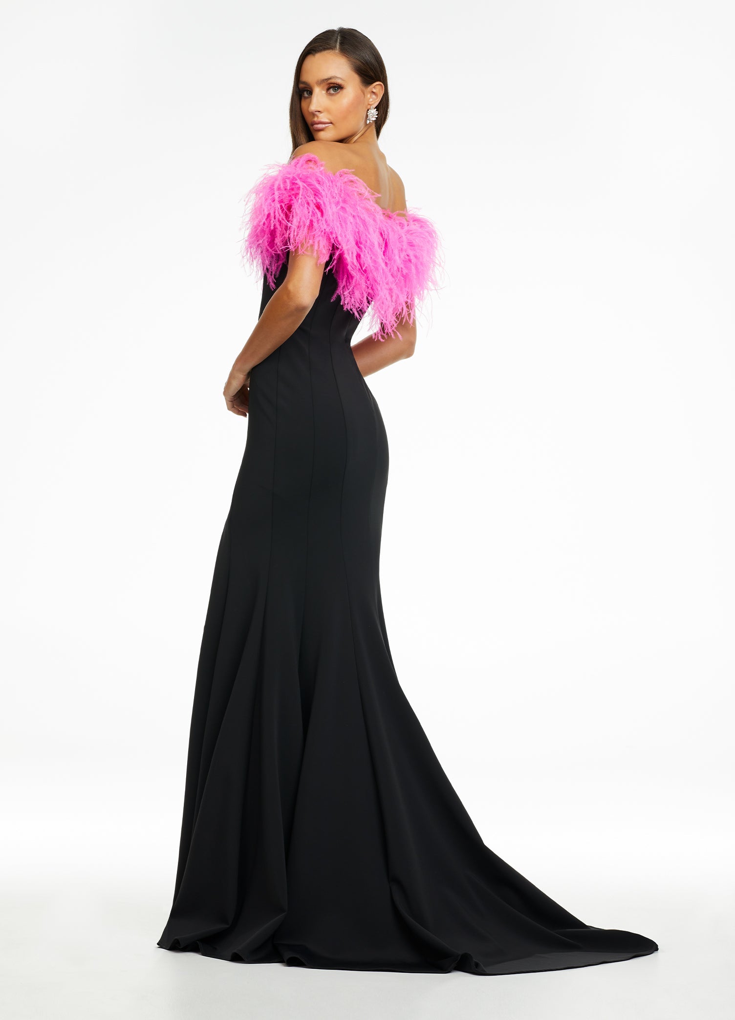 Back - Black/Pink ASHLEYlauren 11099 Fully Beaded Gown with One-Shoulder Design, Intricate Beading, and High Slit for a Glamorous Look