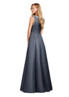 Back view. Charcoal ASHLEYlauren 11426 Elegant Double Faced Satin Gown with Crew Neckline, Crystal Embellishments, Subtle A-Line Skirt, and Detachable Beaded Shawl with Finger Loop