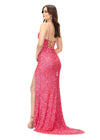 Back - Electric WatermelonASHLEYlauren 11037 fully hand-beaded gown featuring adjustable spaghetti straps, a V-neckline, wide waistband to accentuate curves, lace-up back, and a left leg slit for an elegant and figure-enhancing look.