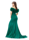 Back - Emerald ASHLEYlauren 11101 Off-Shoulder Scuba Gown with Sweetheart Neckline, Feather Accents, and Left Leg Slit
