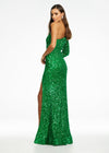 Back - Emerald ASHLEYlauren 1977 fitted hand-beaded dress featuring a one shoulder long sleeve, left leg slit, and a horsehair hem for an elegant and sophisticated look.