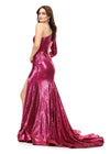 Back - Fuchsia ASHLEYlauren 11026 fully sequin gown featuring a one shoulder neckline with a single long sleeve, high left leg slit, full train, and an exposed zipper for a bold and glamorous look.