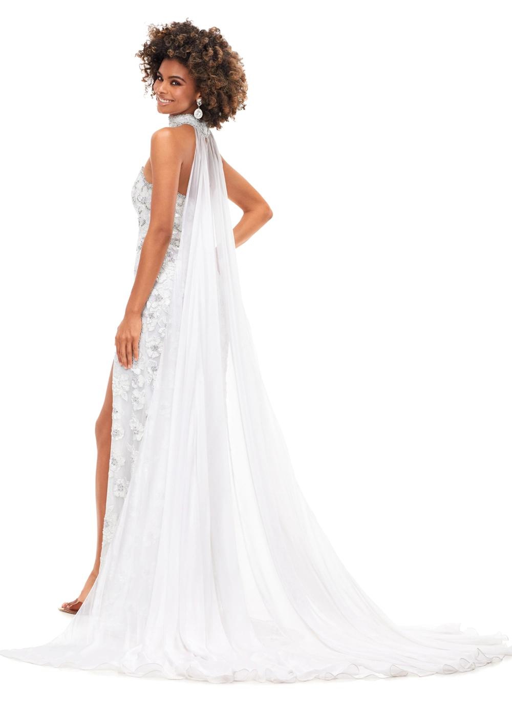 Back - Ivory ASHLEYlauren 11351 Strapless Beaded Gown with Crystal Choker, Chiffon Cape, and Slit
