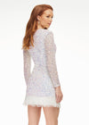 Back - ASHLEYlauren 4438 – A sassy and classy fully hand-beaded long sleeve cocktail dress featuring a fitted skirt with fringe detail along the left leg slit and hemline. Perfect for making a bold, elegant statement at any event.