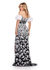 Back. Ivory/Black ASHLEYlauren 11585 Fully Beaded Strapless Gown with Intricate Lace Pattern, Sweetheart Neckline, Off Shoulder Puff Sleeves, and Left Leg Slit