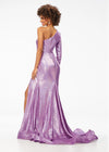 Back - Lilac ASHLEYlauren 11026 fully sequin gown featuring a one shoulder neckline with a single long sleeve, high left leg slit, full train, and an exposed zipper for a bold and glamorous look.
