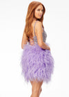 Back -  Lilac ASHLEYlauren 4537 cocktail dress featuring a fully encrusted crystal square neckline, spaghetti straps, lace-up back, fully beaded bustier, and a full feather skirt for a bold and glamorous look.