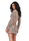 Back - Multi/Nude ASHLEYlauren 4658 fully beaded cocktail dress featuring a plunging V-neckline, long sleeves, and fringe details for a bold and regal statement look.