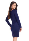 Back - Navy ASHLEYlauren 4674 fitted scuba cocktail dress featuring an asymmetrical neckline, long sleeves, and a classic waistband detail for a sleek and sophisticated look.