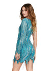 Back - Neon Blue ASHLEYlauren 4563 one shoulder cocktail dress featuring an intricate bead pattern, scattered fringe details, and a unique zigzag hemline for a bold and glamorous look.