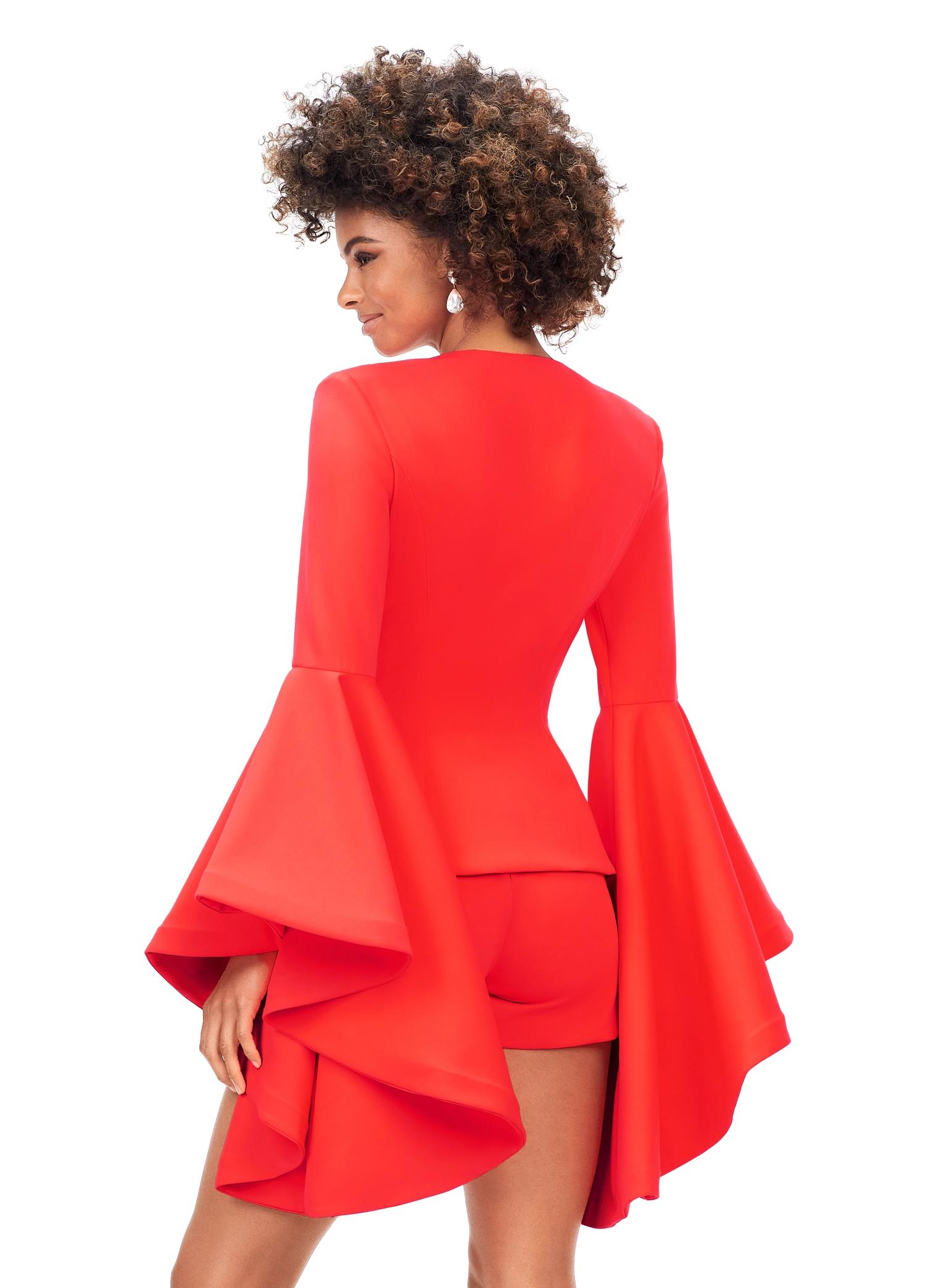 Back - Orange ASHLEYlauren 4572 two-piece romper featuring a deep V-neckline, dramatic bell sleeves, and a sleek fitted design for a bold and fashionable statement look.