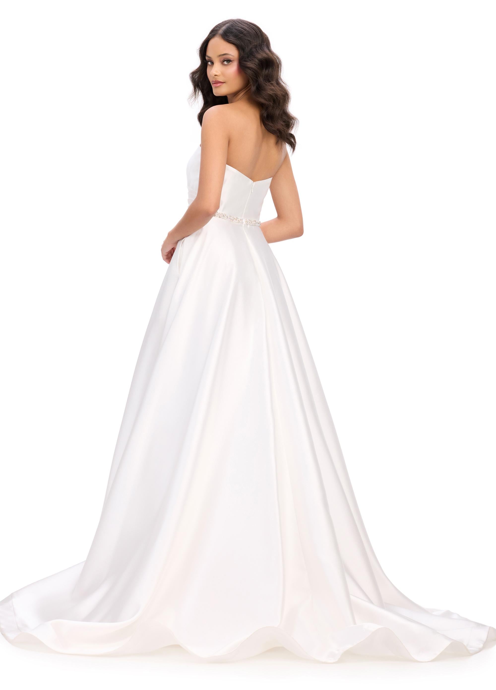 Back. Orchid ASHLEYlauren 11773 elegant Mikado ball gown featuring a flattering sweetheart neckline, beaded belt, and a full ball gown skirt for a regal and timeless look.