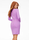 Back Orchid ASHLEYlauren 4336 fitted short dress featuring a classic crew neckline, long sleeves with shoulder pads, and a full exposed zipper back for a sleek and modern look.
