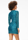 Back Peacock ASHLEYlauren 4512 fully sequin hand-beaded cocktail dress featuring a lace-up bustier, long sleeves, and a fitted skirt for a bold and glamorous look.