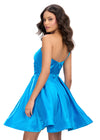 Back - Peacock ASHLEYlauren 4786 classic satin cocktail dress featuring a one shoulder design, ruched sweetheart bustier, and an elegant A-line skirt for a timeless and sophisticated look.
