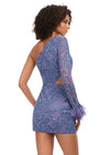 Back - Periwinkle ASHLEYlauren 4565 fully beaded cocktail dress featuring a one sleeve design, modern waist cut-out, and feather accents at the wrist for a bold and glamorous look.