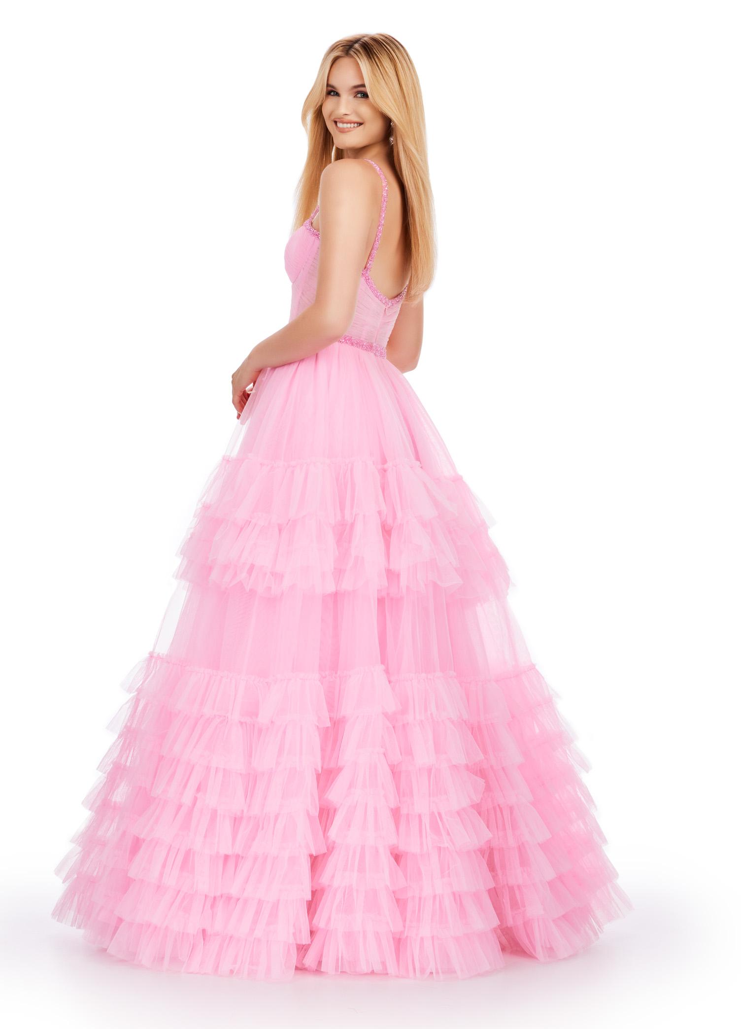 Back. Pink ASHLEYlauren 11603 Spaghetti Strap Tulle Ball Gown with Tiered Skirt, Beaded Waist and Strap Accents, and Corset Bustier