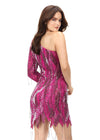 Back - Pink ASHLEYlauren 4563 one shoulder cocktail dress featuring an intricate bead pattern, scattered fringe details, and a unique zigzag hemline for a bold and glamorous look.