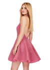 Back Pink ASHLEYlauren 4677 fully crystal beaded cocktail dress featuring a deep V-neckline, halter design, open back, and a flirty A-line skirt for a glamorous and head-turning look.