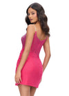 Back - Pink ASHLEYlauren 4690 stunning cocktail dress featuring an illusion neckline, corset bustier with press-on stones cascading down the skirt, and a wrap skirt with a side slit for an elegant and head-turning look.