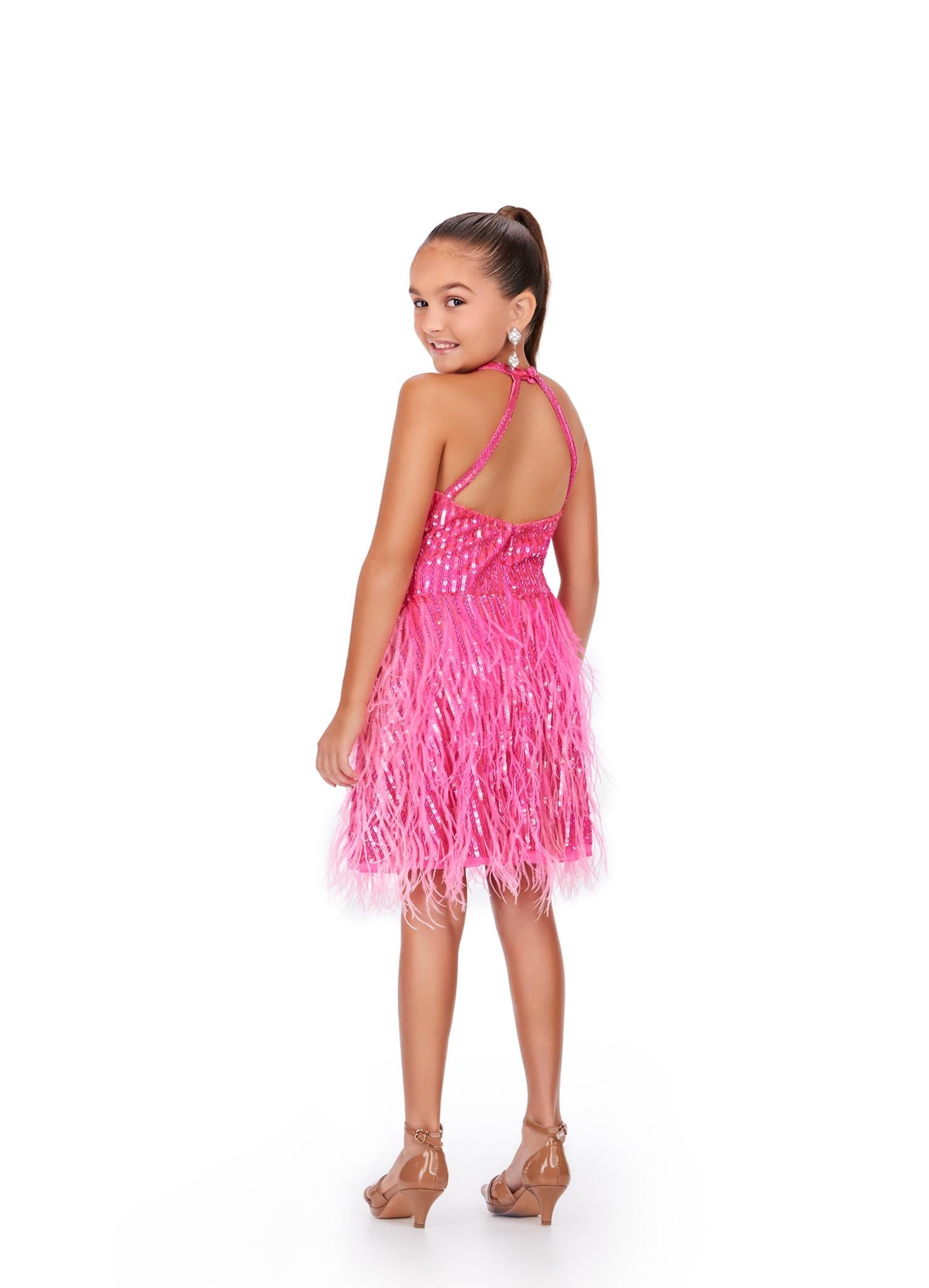 Back: Pink ASHLEYlauren Kids 8196 Fully Beaded A-Line Cocktail Dress with Halter Neckline and Feather Details