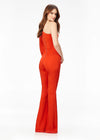 Back. Red ASHLEYlauren 11168 One-Shoulder Crepe Jumpsuit with Statement Balloon Sleeve, Flared Pant Legs, and Exposed Zipper