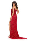 Back. Red ASHLEYlauren 11236 strapless gown featuring a sweetheart neckline, modern floral sequin motif cascading down the bustier and skirt, and a left leg slit for a glamorous and head-turning look.