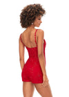 Back - Red ASHLEYlauren 11333 lace romper featuring delicate spaghetti straps, lace applique adorned with heat set stones for added sparkle, and a detachable chiffon skirt for a versatile and elegant look.