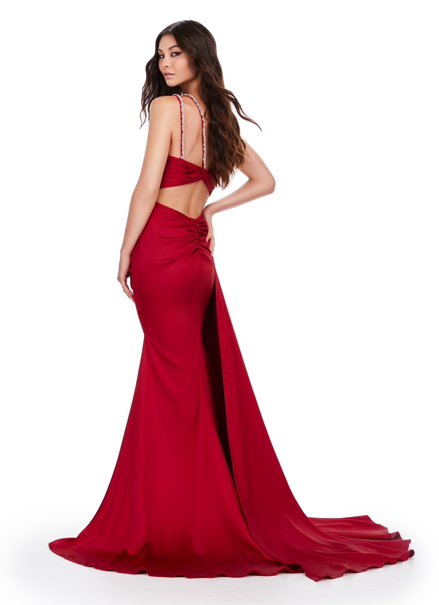 Back - Red ASHLEYlauren 11537 one shoulder satin gown featuring a ruched bustier, beaded crystal straps and waist accents, and a draped side skirt for an elegant, glamorous finish.