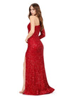 Back - Red ASHLEYlauren 1977 fitted hand-beaded dress featuring a one shoulder long sleeve, left leg slit, and a horsehair hem for an elegant and sophisticated look.