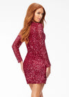 Back Red ASHLEYlauren 4512 fully sequin hand-beaded cocktail dress featuring a lace-up bustier, long sleeves, and a fitted skirt for a bold and glamorous look.