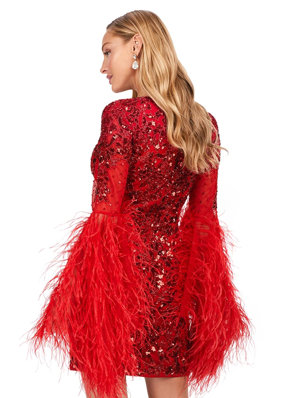 Back - Red ASHLEYlauren 4603 fully beaded cocktail dress featuring a V-neckline, feather-adorned flare sleeves, full back, and fitted skirt for a bold and glamorous statement look.