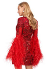 Back - Red ASHLEYlauren 4603 fully beaded cocktail dress featuring a V-neckline, feather-adorned flare sleeves, full back, and fitted skirt for a bold and glamorous statement look.