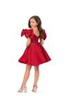 Back - Red ASHLEYlauren Kids 8223 Off Shoulder Phantom Satin Dress with Pearl Belt and Bow Sleeves