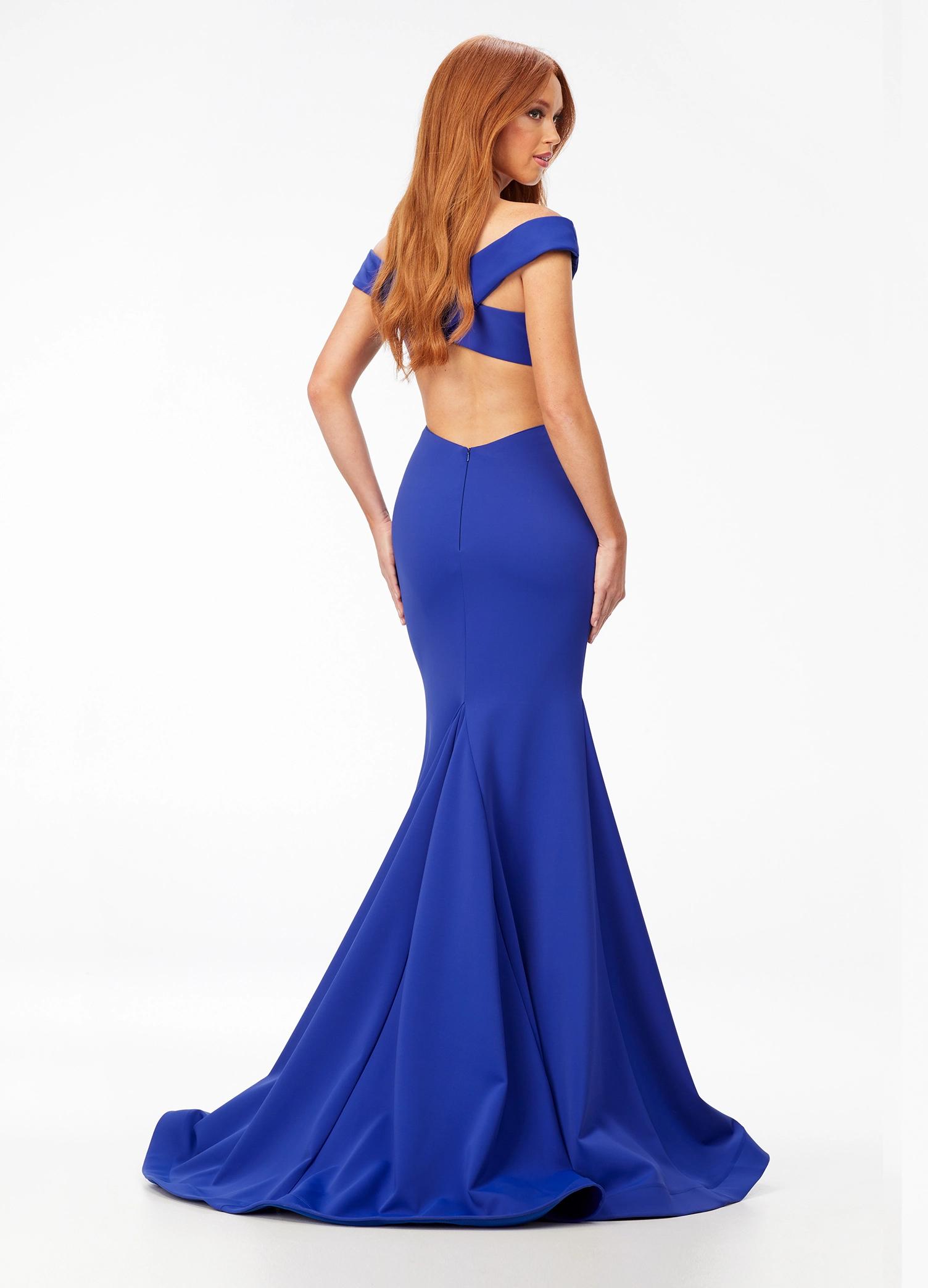Back - Royal ASHLEYlauren 11025 off shoulder scuba gown featuring a sweetheart neckline, signature crisscross strappy back, fitted silhouette, and a sweep train for an elegant and sophisticated look.