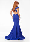 Back - Royal ASHLEYlauren 11025 off shoulder scuba gown featuring a sweetheart neckline, signature crisscross strappy back, fitted silhouette, and a sweep train for an elegant and sophisticated look.