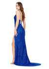 Back - Royal ASHLEYlauren 11037 fully hand-beaded gown featuring adjustable spaghetti straps, a V-neckline, wide waistband to accentuate curves, lace-up back, and a left leg slit for an elegant and figure-enhancing look.