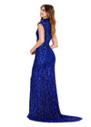 Back Royal ASHLEYlauren 11395 fully beaded sequin gown featuring an intricate beaded motif, high neckline, cap sleeves, and a modest front slit for an elegant and regal look.