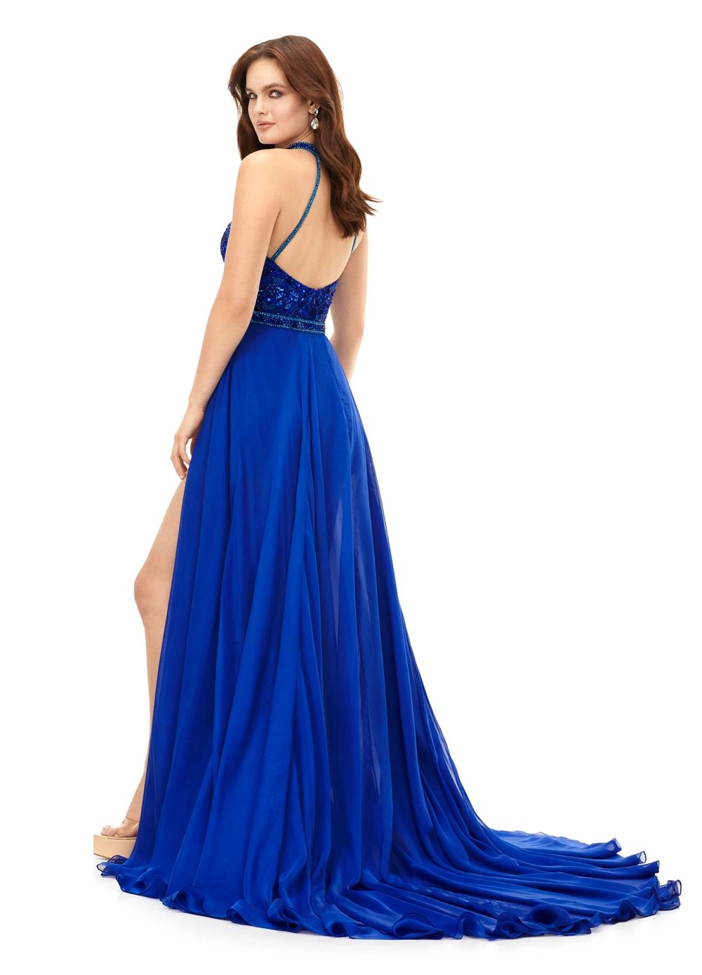 Back - Royal ASHLEYlauren 13354 hand-beaded romper featuring an intricate floral motif, halter neckline, beaded belt, and a detachable chiffon overskirt for a glamorous and versatile look.