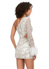 Back - Silver ASHLEYlauren 4565 fully beaded cocktail dress featuring a one sleeve design, modern waist cut-out, and feather accents at the wrist for a bold and glamorous look.