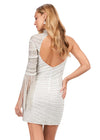 Back - Silver ASHLEYlauren 4585 fully beaded cocktail dress featuring an asymmetrical neckline, one sleeve with long fringe, and an open back for a bold and glamorous look.