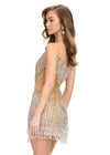 Back - Silver/Gold ASHLEYlauren 4765 Strapless Hand Beaded Cocktail Dress with Corset Bustier and Fringe Trim