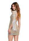 Back - Silver/Nude ASHLEYlauren 4585 fully beaded cocktail dress featuring an asymmetrical neckline, one sleeve with long fringe, and an open back for a bold and glamorous look.