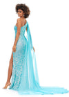 Back view. Sky ASHLEYlauren 11371 dazzling one shoulder sequin gown featuring a fully hand-beaded design, a detachable chiffon cape, and a left leg slit, available in vibrant color options for a bold and glamorous statement look.