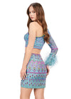 Back - Sky ASHLEYlauren 4597 fully beaded two-piece set featuring a one sleeve top with feather trim and a matching skirt, adorned with an intricate, bright bead pattern for a bold and standout look.