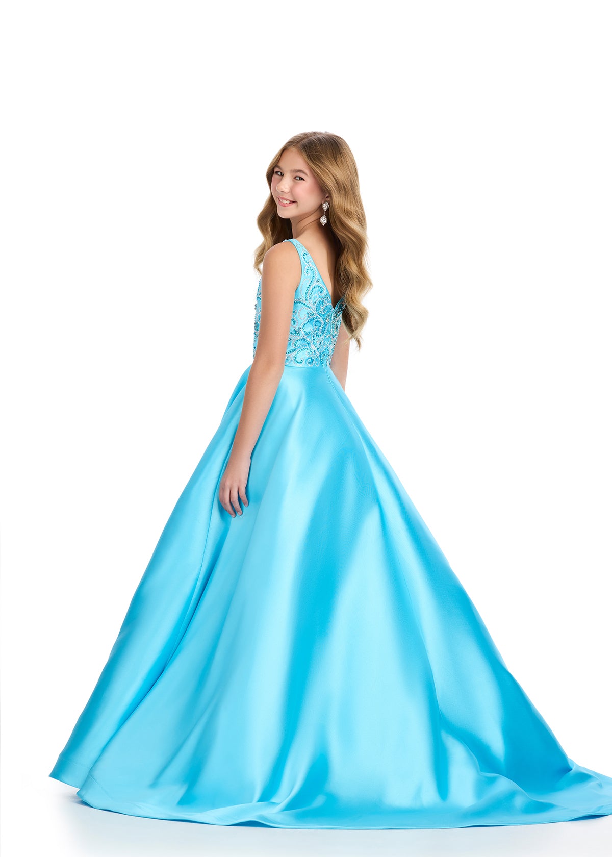 Back View - Sky  ASHLEYlauren 8314 Mikado Ball Gown with Crew Neckline, Press-On Beaded Bustier, A-Line Skirt, and V-Back