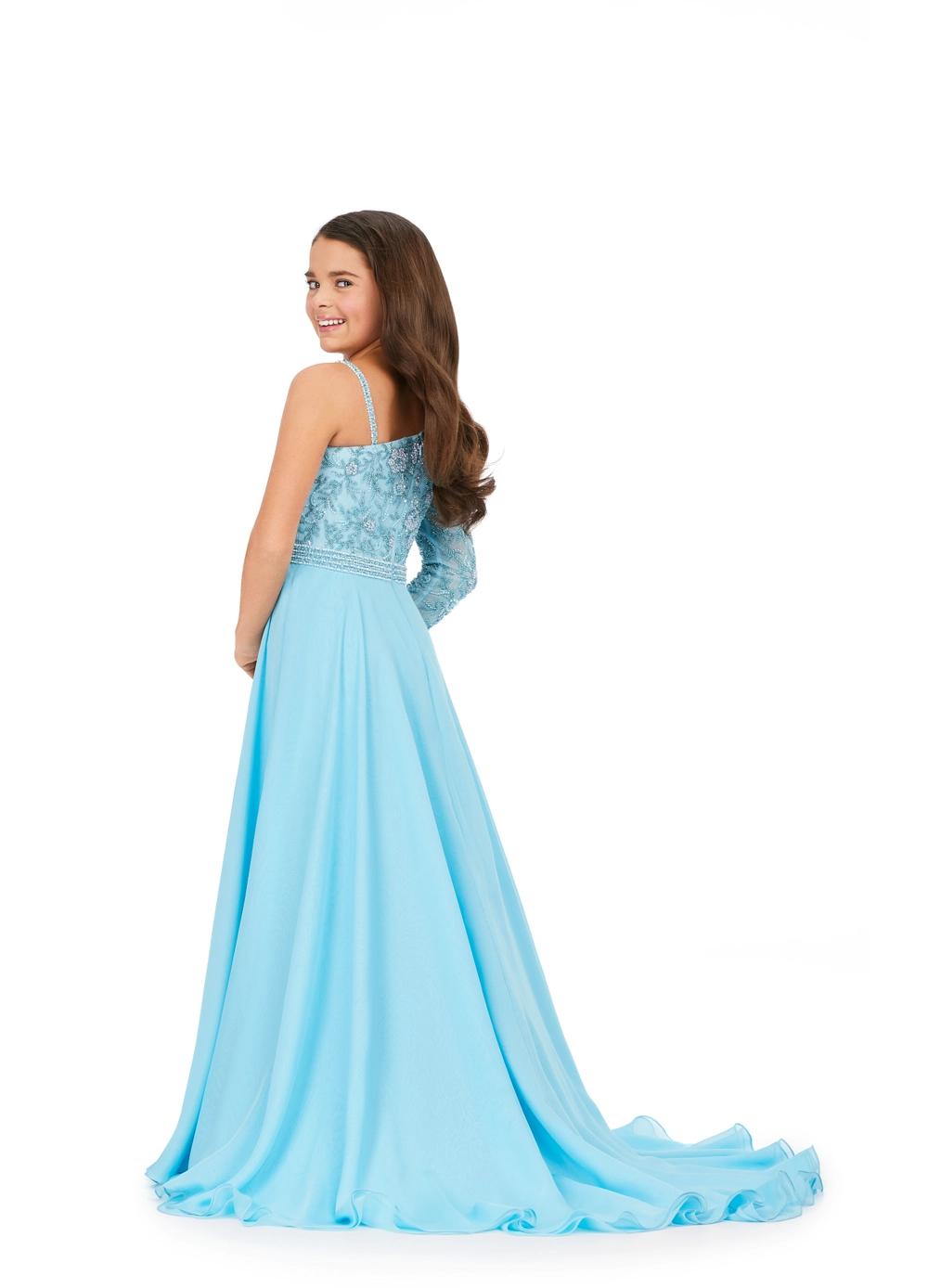 Back: Sky ASHLEYlauren Kids 8197 One Shoulder Gown with Beaded Bustier and Chiffon Skirt