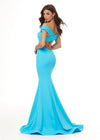Back - Turquoise ASHLEYlauren 11025 off shoulder scuba gown featuring a sweetheart neckline, signature crisscross strappy back, fitted silhouette, and a sweep train for an elegant and sophisticated look.